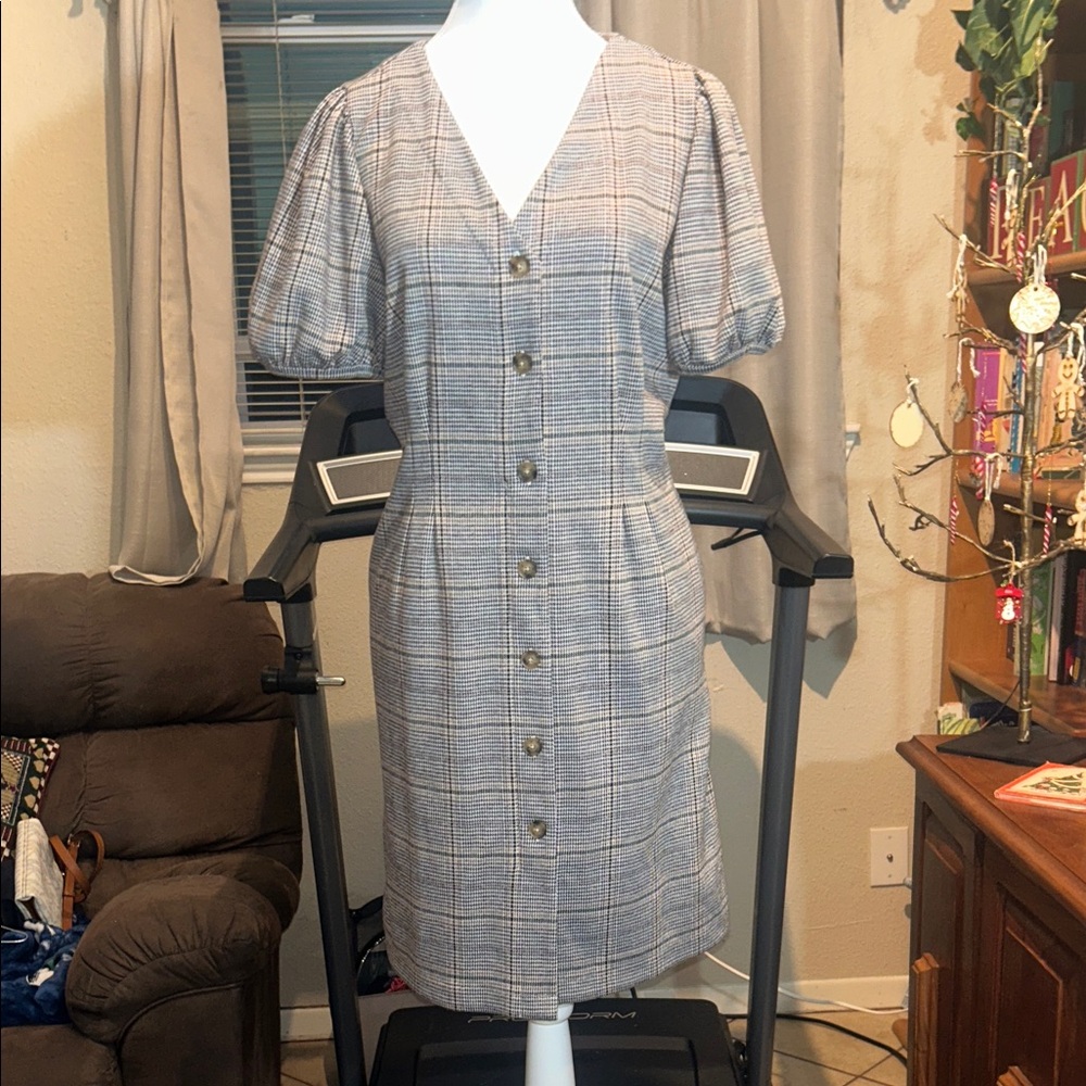 LOFT Gray Plaid Midi Dress